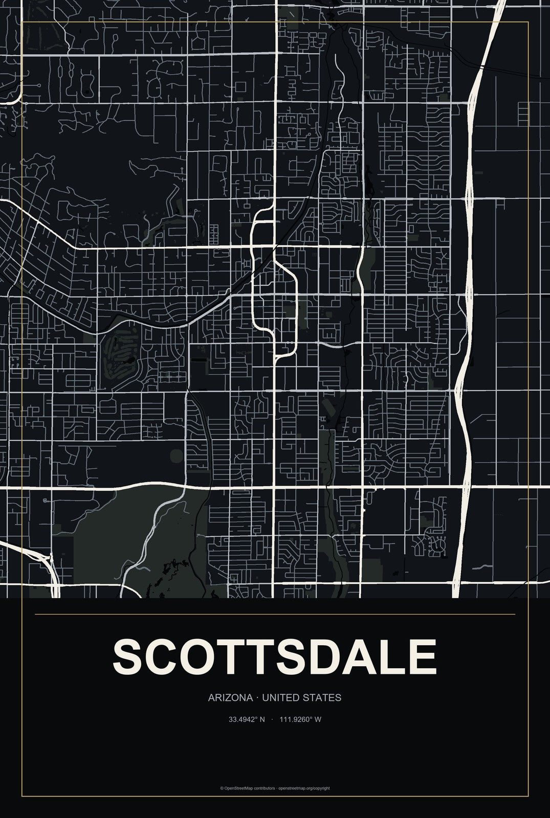 Scottsdale, Arizona City Map Aluminum Sign in Metropolitan Noir style