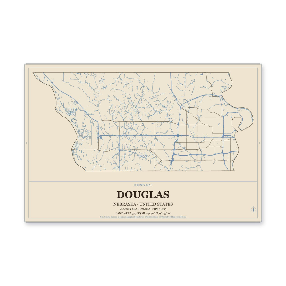 Douglas County, Nebraska Map Aluminum Sign in Heritage Nautical style