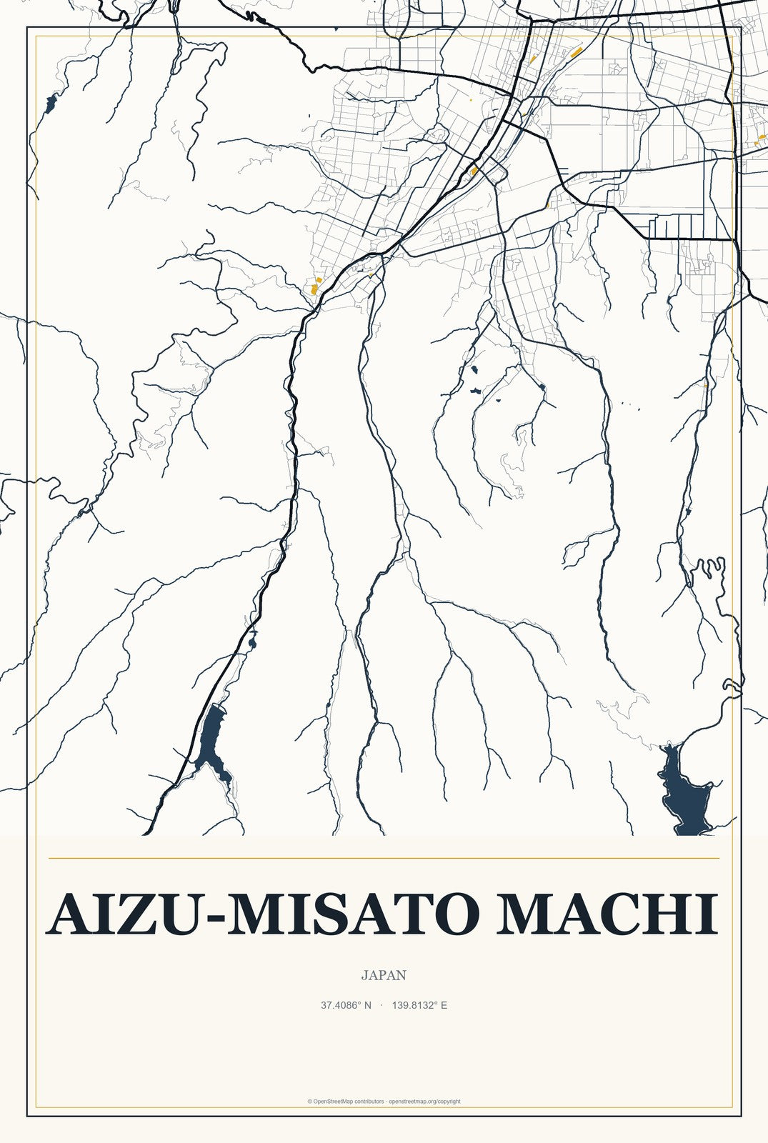 Aizu-misato Machi, Japan City Map Aluminum Sign in Citrine Modern style