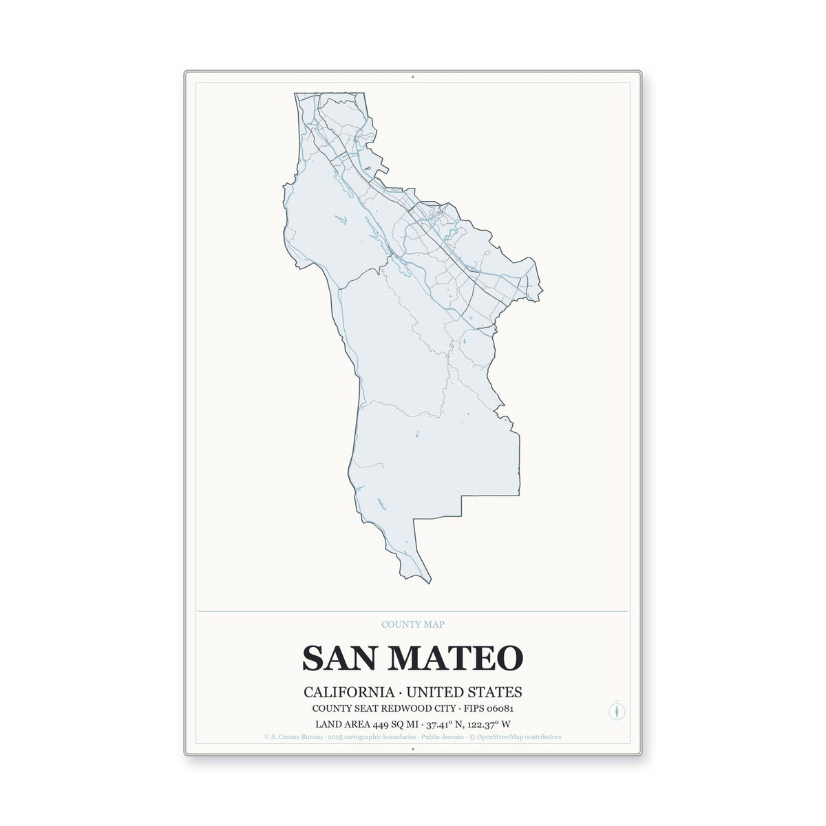 San Mateo County, California Map Aluminum Sign in Gallery Air style