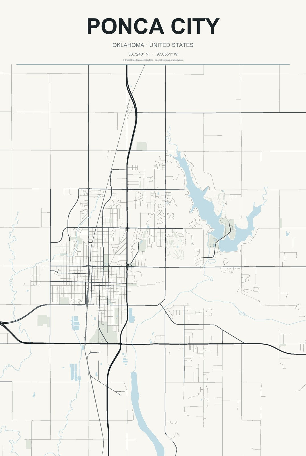 Ponca City, Oklahoma City Map Aluminum Sign in Headline Atlas style