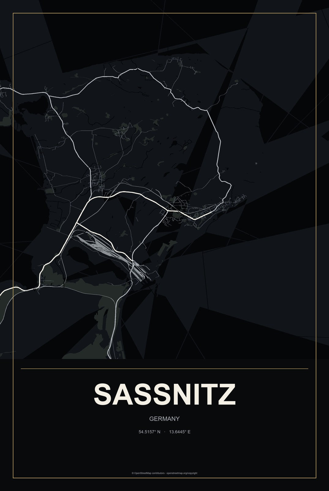 Sassnitz, Germany City Map Aluminum Sign in Metropolitan Noir style