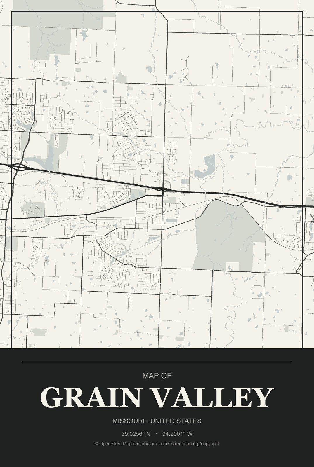 Grain Valley, Missouri City Map Aluminum Sign in Museum Plaque style