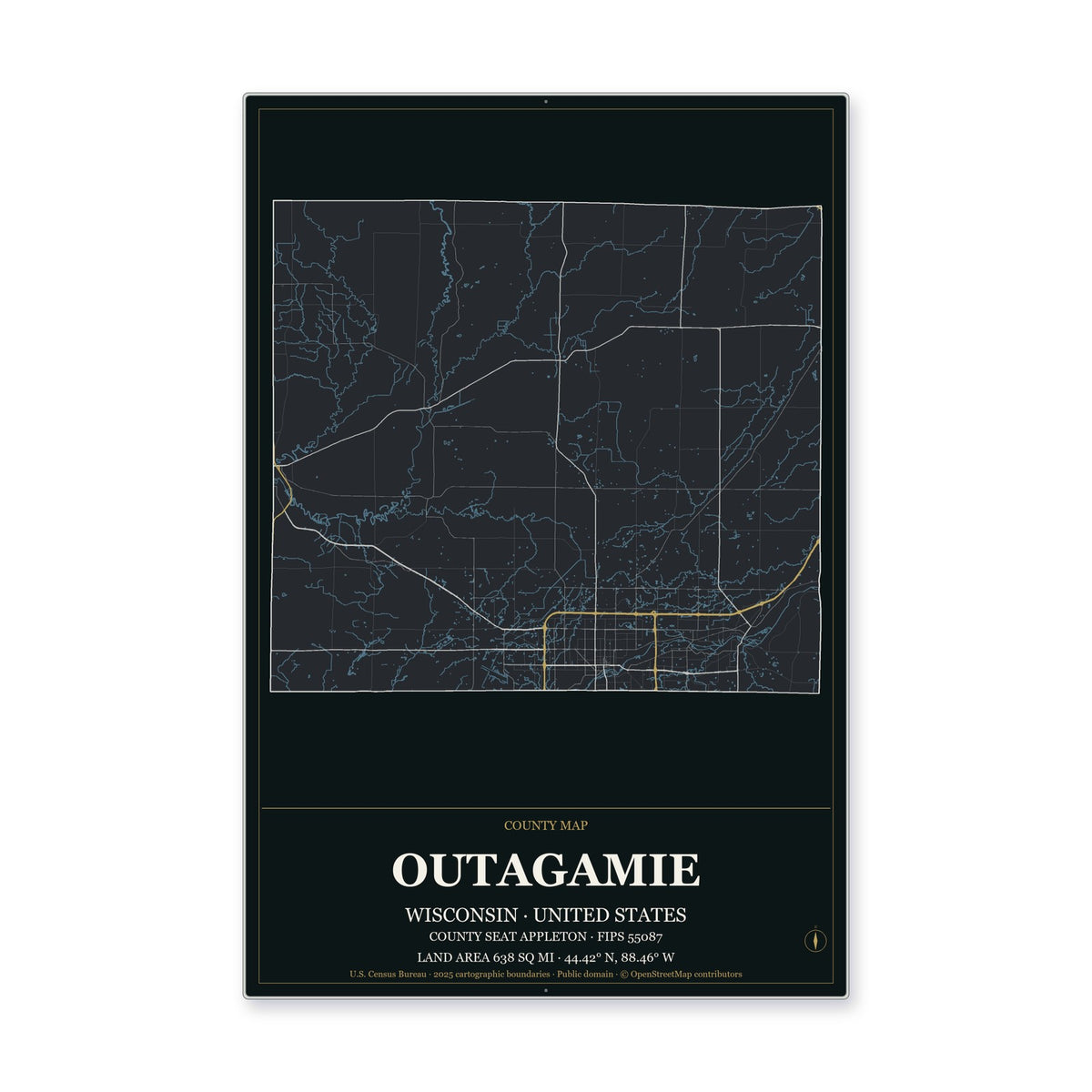 Outagamie County, Wisconsin Map Aluminum Sign in Metropolitan Noir style