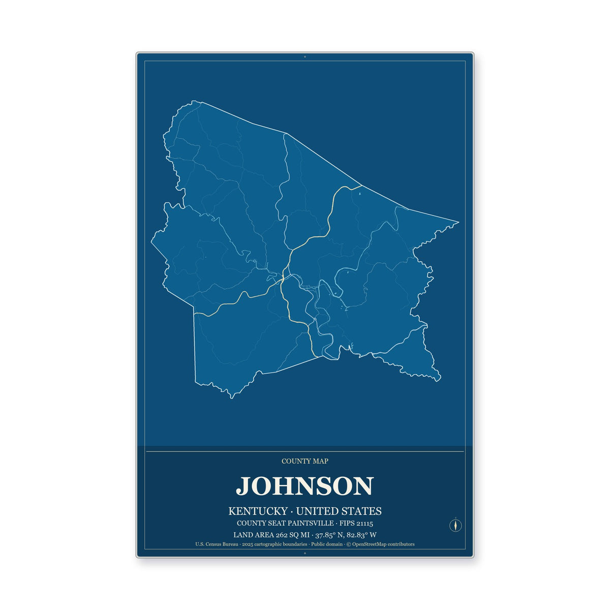 Johnson County, Kentucky Map Aluminum Sign in Harbor Cobalt style
