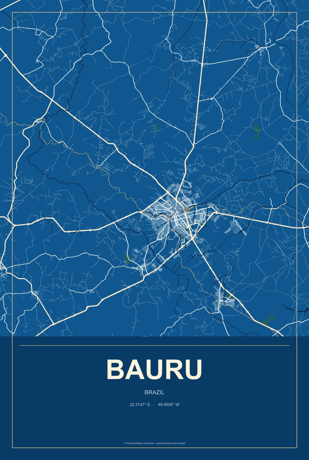 Bauru, Brazil City Map Aluminum Sign in Harbor Cobalt style