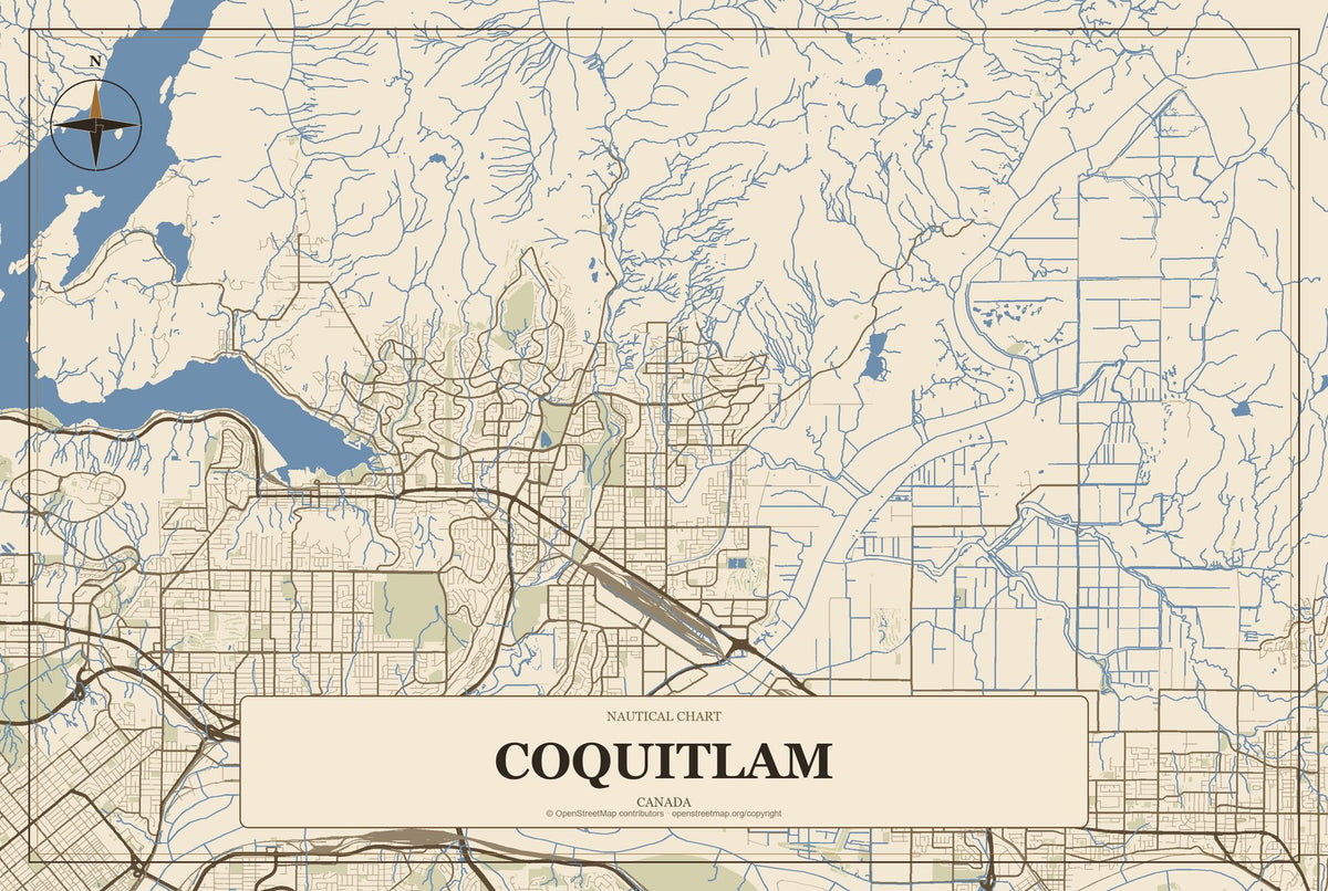 Coquitlam, Canada City Map Aluminum Sign in Heritage Nautical style