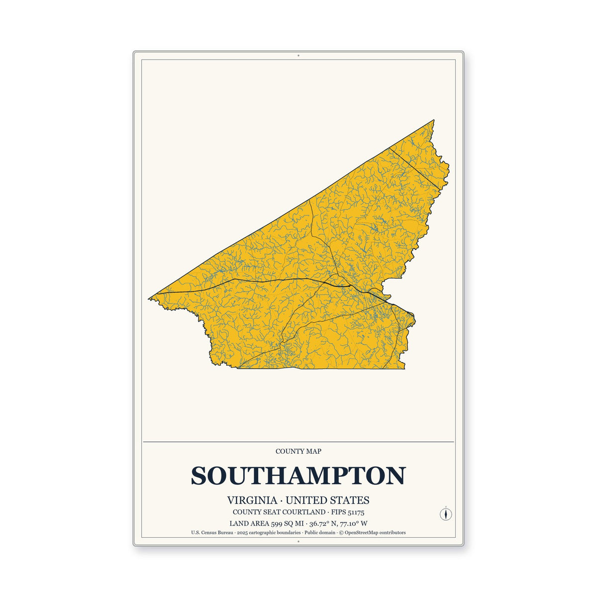 Southampton County, Virginia Map Aluminum Sign in Citrine Modern style