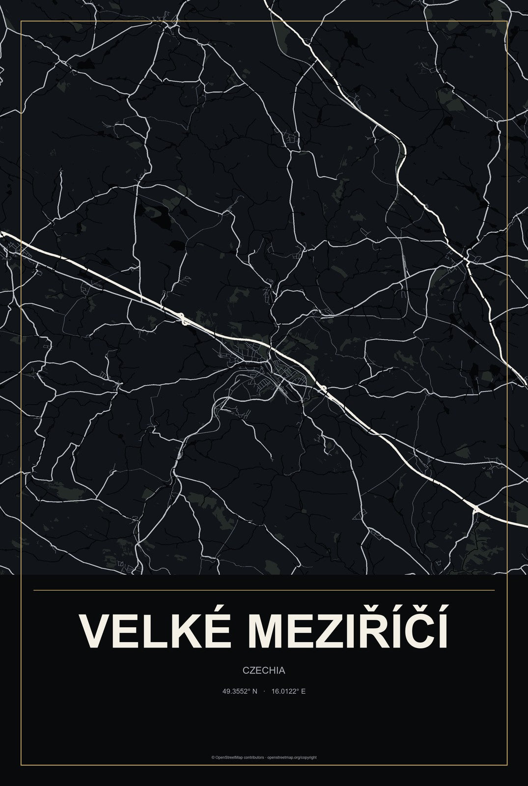 Velké Meziříčí, Czechia City Map Aluminum Sign in Metropolitan Noir style