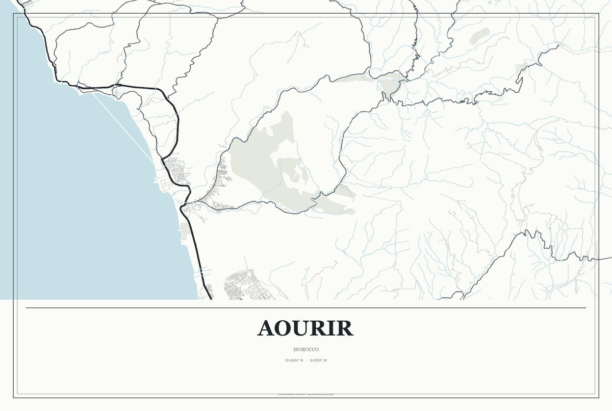 Aourir, Morocco City Map Aluminum Sign in Gallery Air style