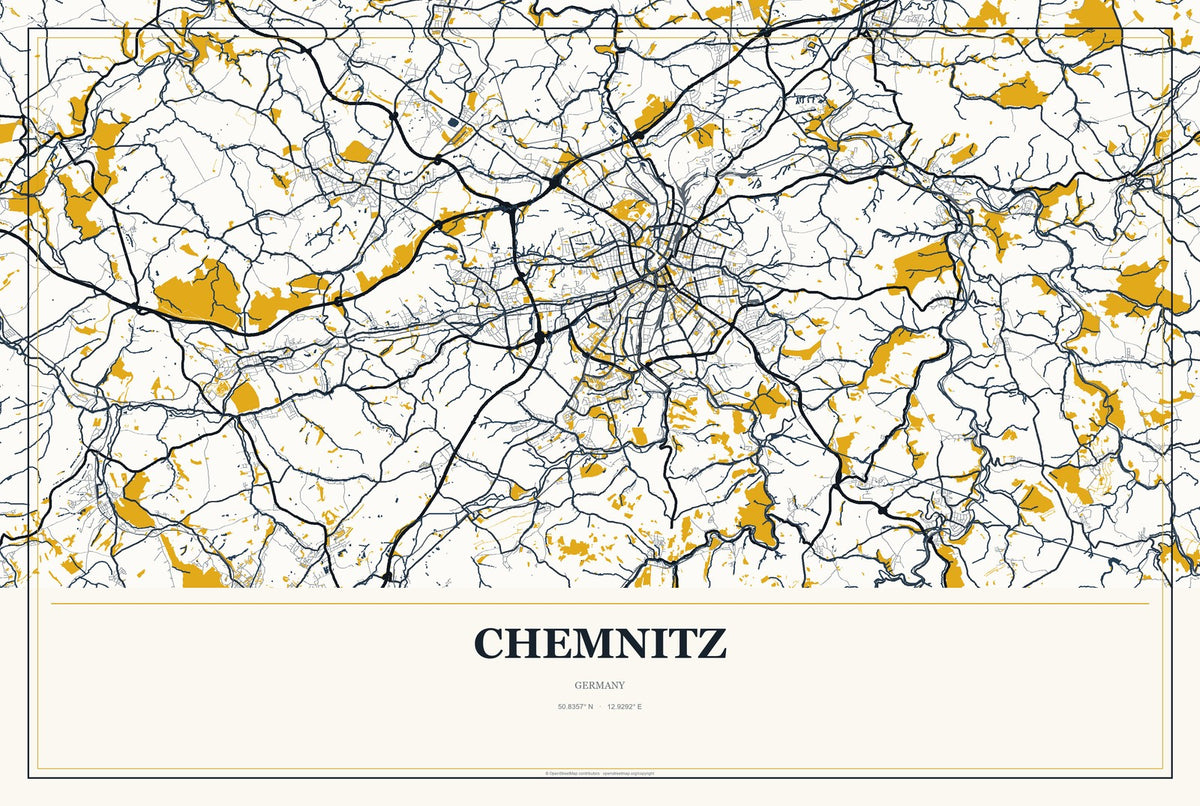 Chemnitz, Germany City Map Aluminum Sign in Citrine Modern style