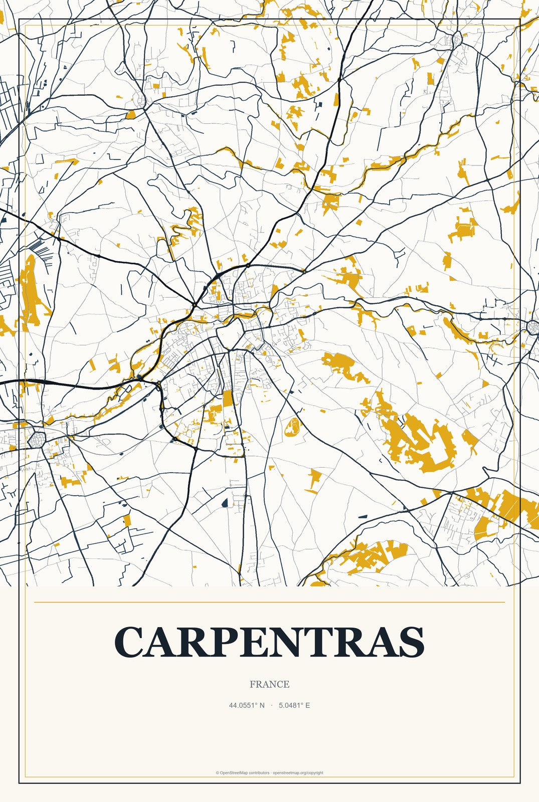 Carpentras, France City Map Aluminum Sign in Citrine Modern style