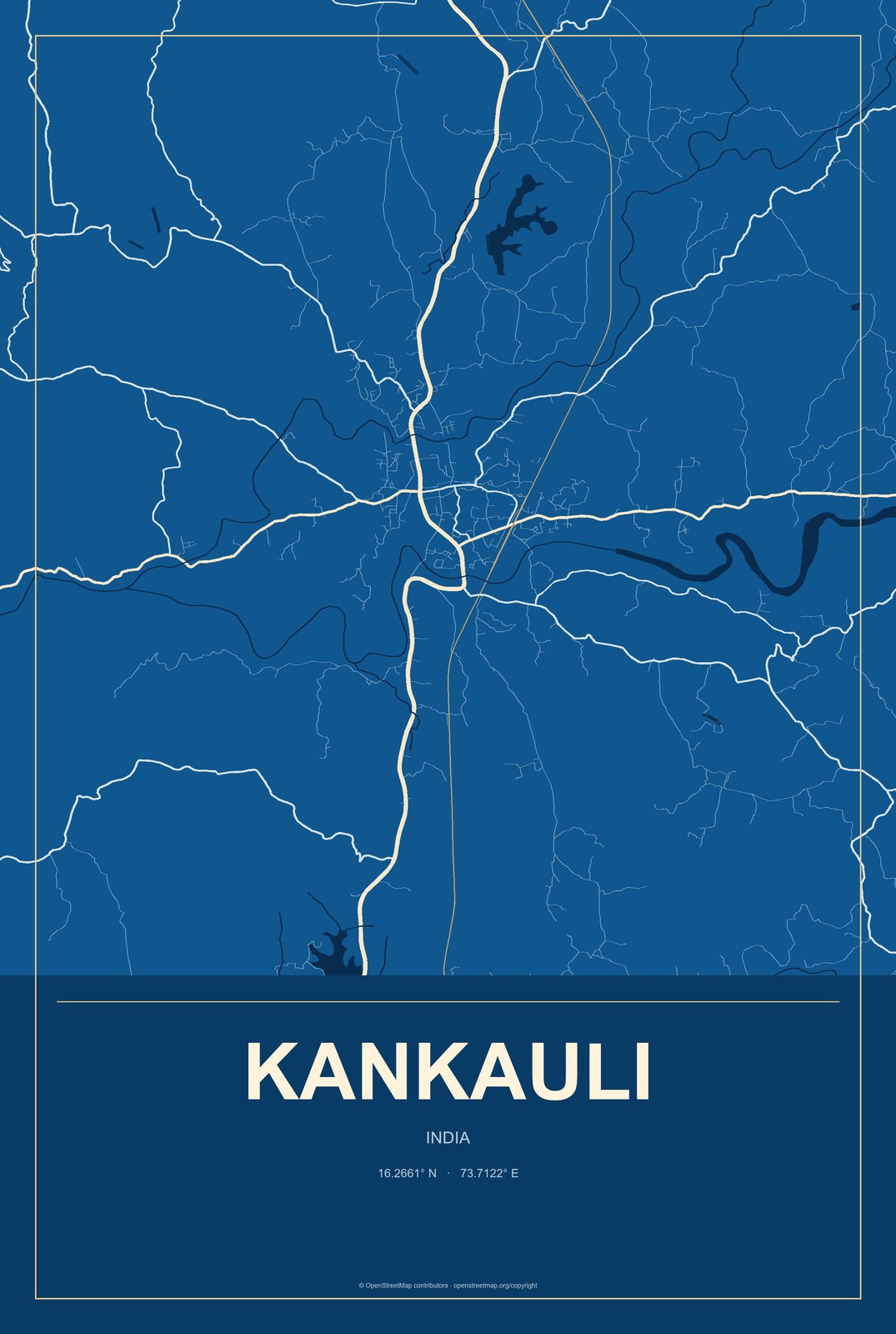Kankauli, India City Map Aluminum Sign in Harbor Cobalt style