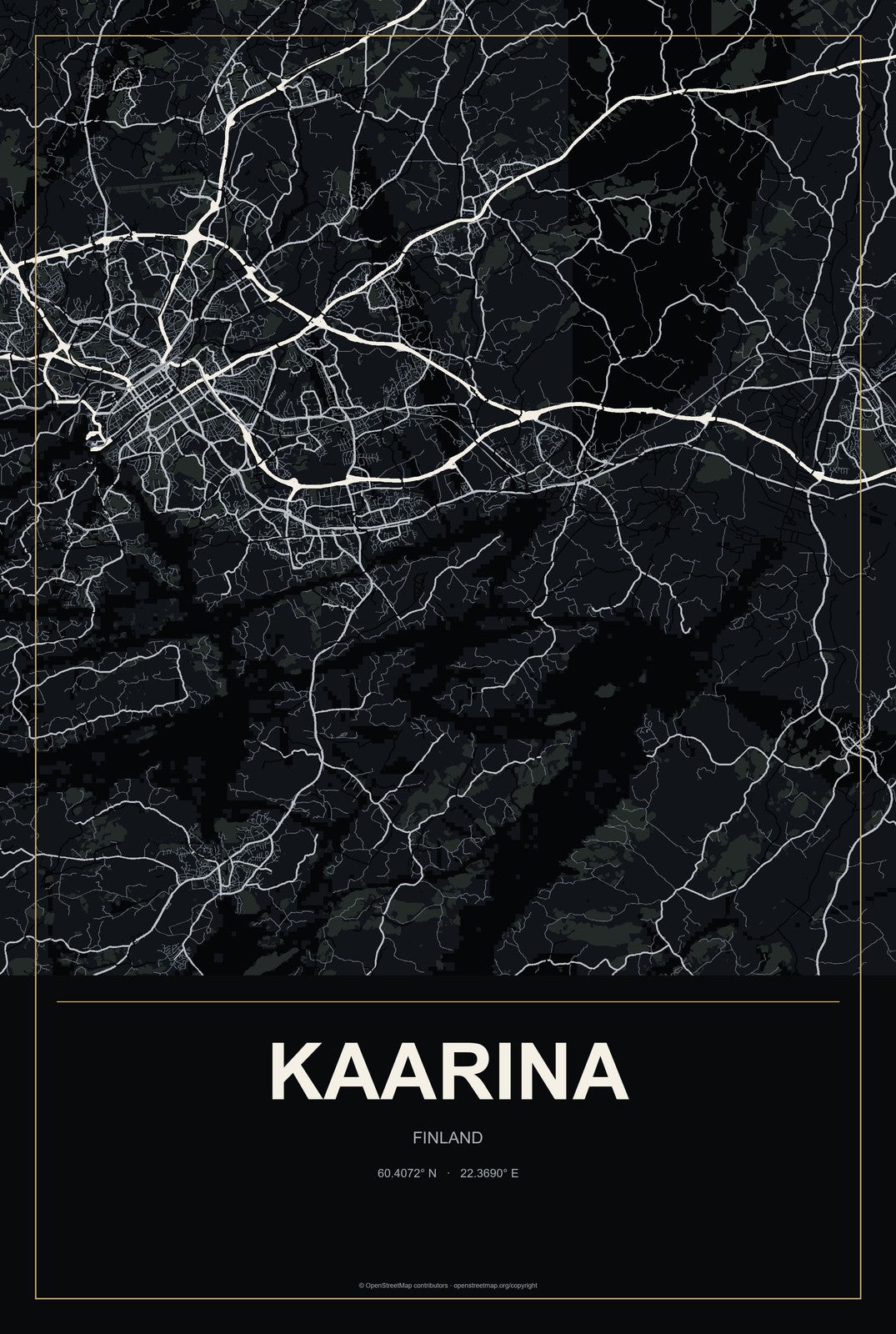 Kaarina, Finland City Map Aluminum Sign in Metropolitan Noir style