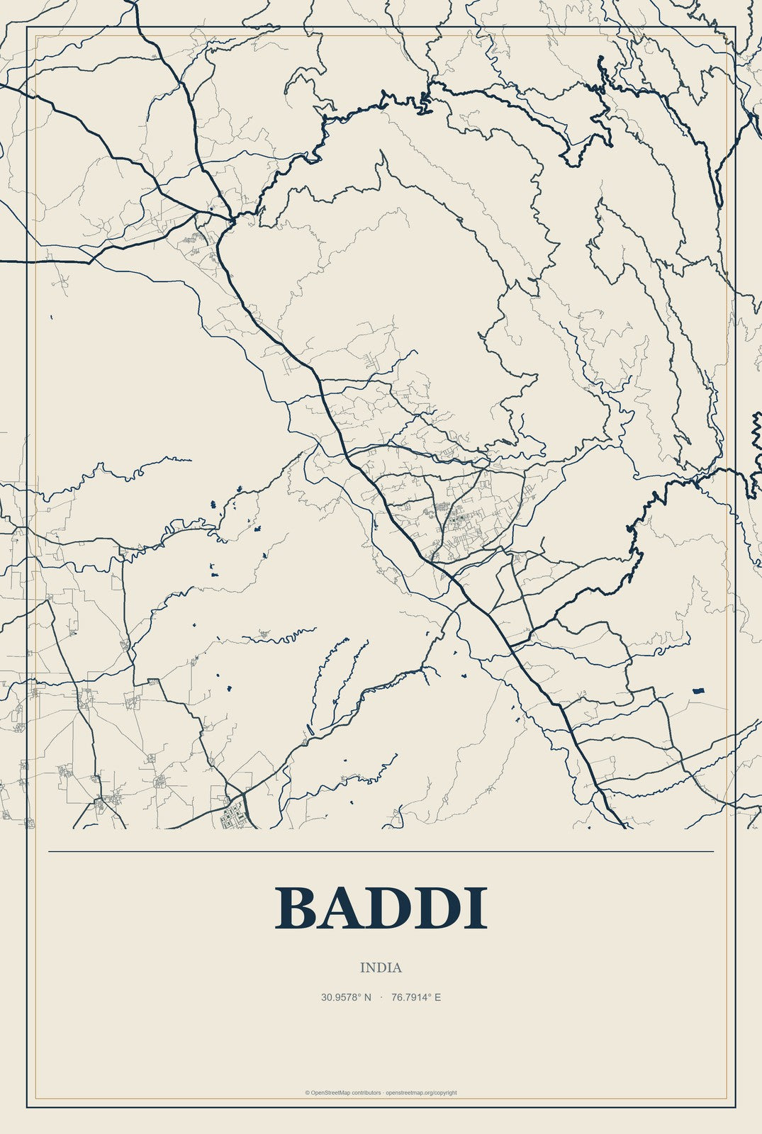 Baddi, India City Map Aluminum Sign in Coastal Cutout style