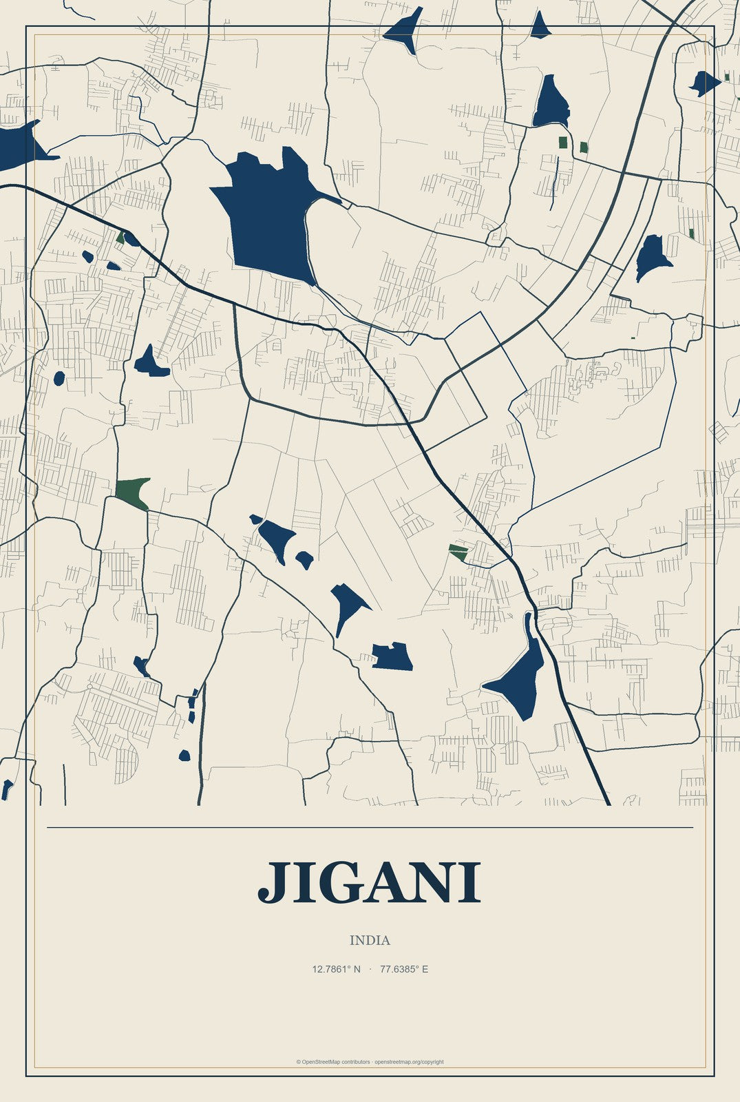 Jigani, India City Map Aluminum Sign in Coastal Cutout style