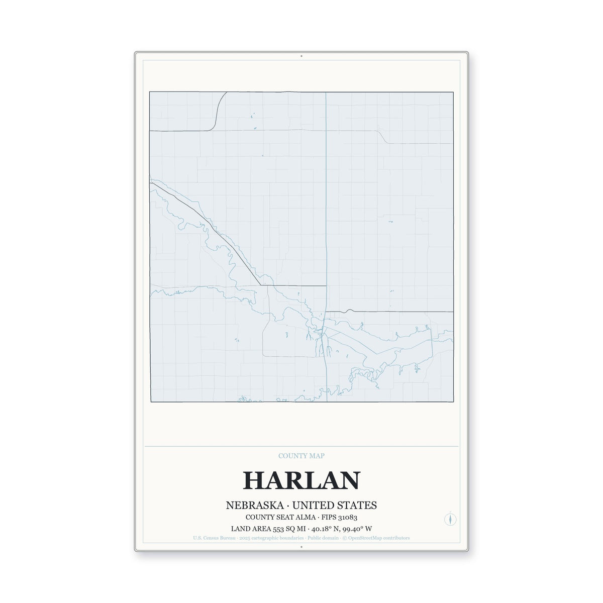Harlan County, Nebraska Map Aluminum Sign in Gallery Air style