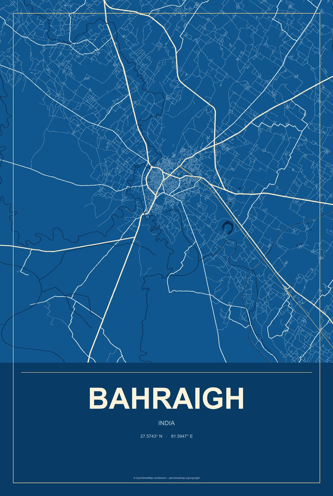 Bahraigh, India City Map Aluminum Sign in Harbor Cobalt style