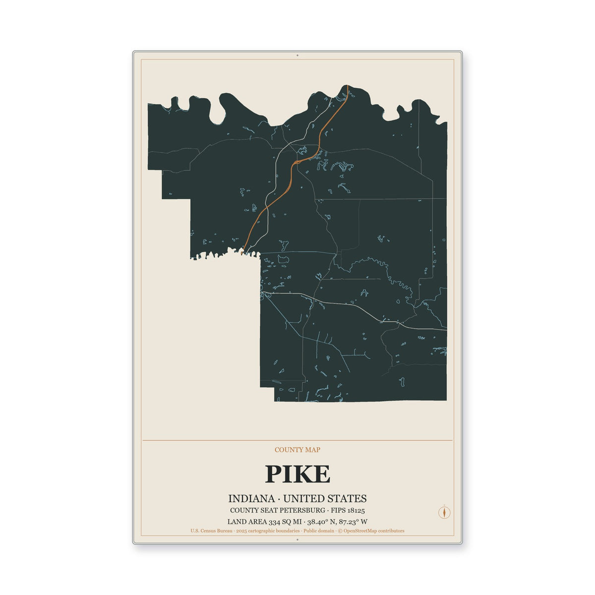 Pike County, Indiana Map Aluminum Sign in Headline Atlas style