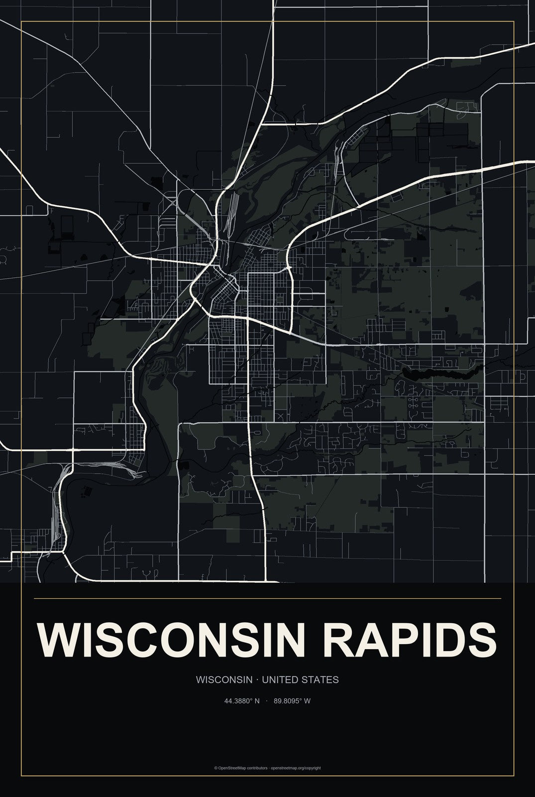 Wisconsin Rapids, Wisconsin City Map Aluminum Sign in Metropolitan Noir style
