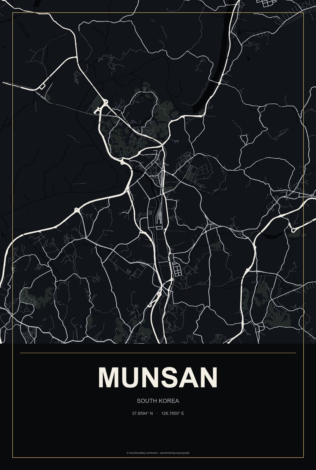 Munsan, South Korea City Map Aluminum Sign in Metropolitan Noir style