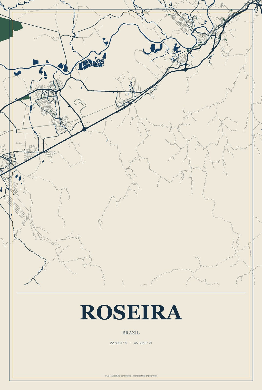 Roseira, Brazil City Map Aluminum Sign in Coastal Cutout style