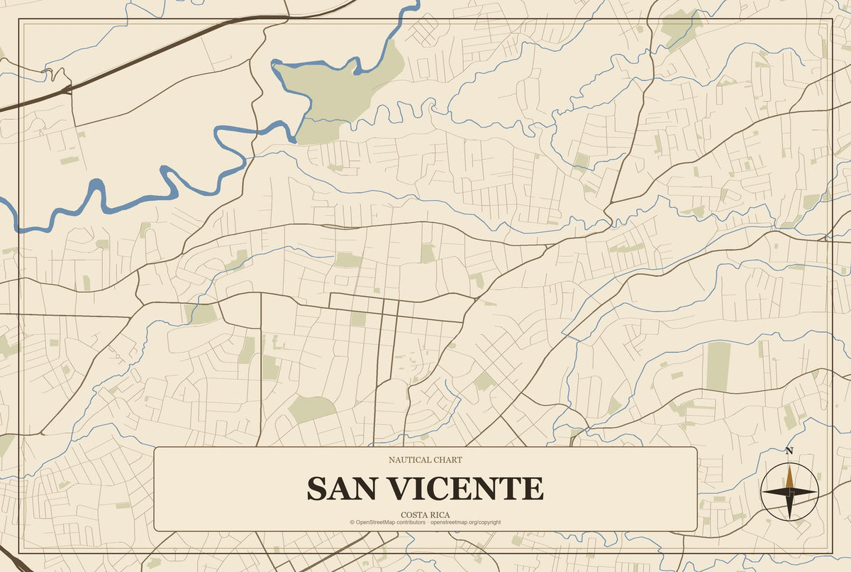 San Vicente, Costa Rica City Map Aluminum Sign in Heritage Nautical style