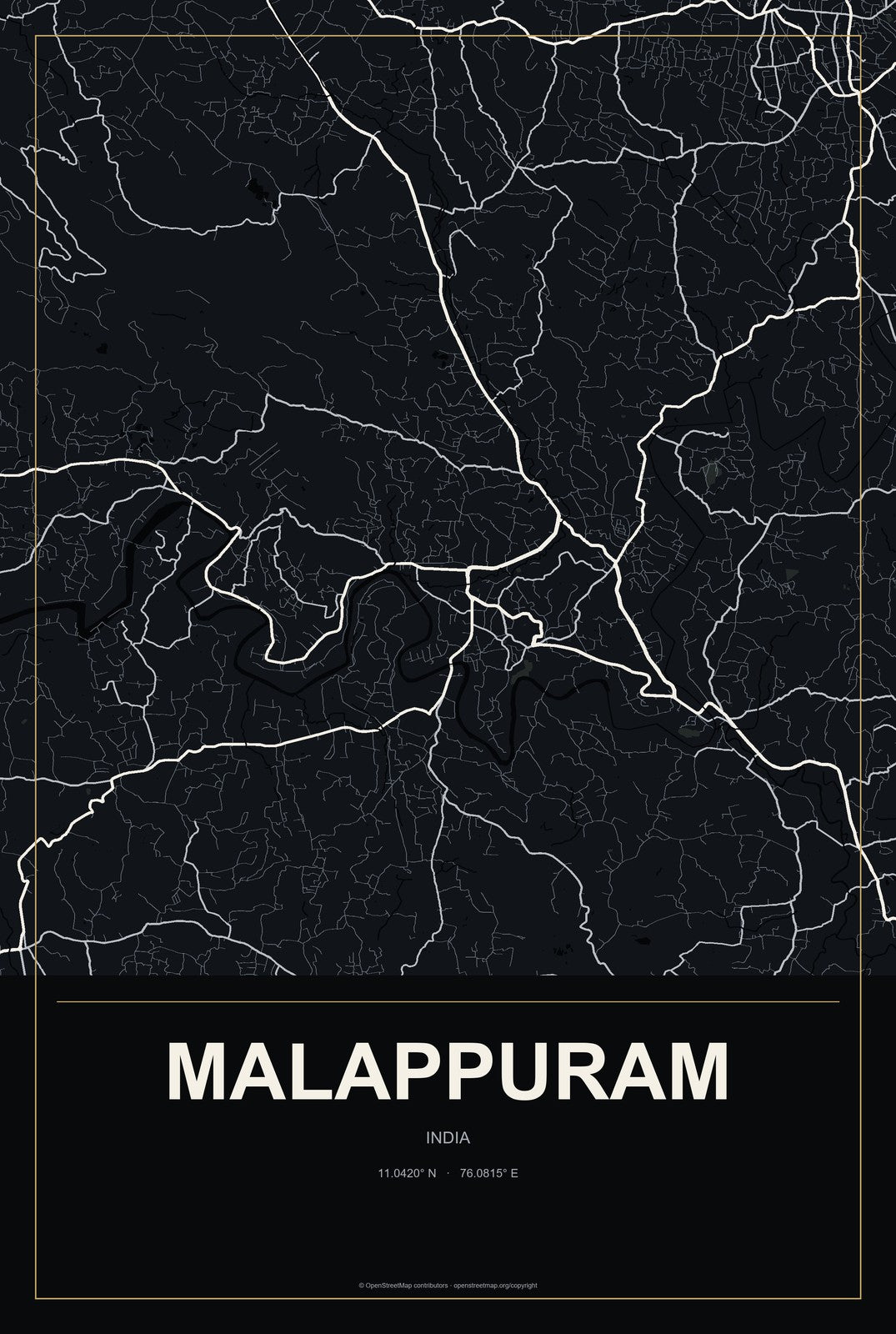 Malappuram, India City Map Aluminum Sign in Metropolitan Noir style