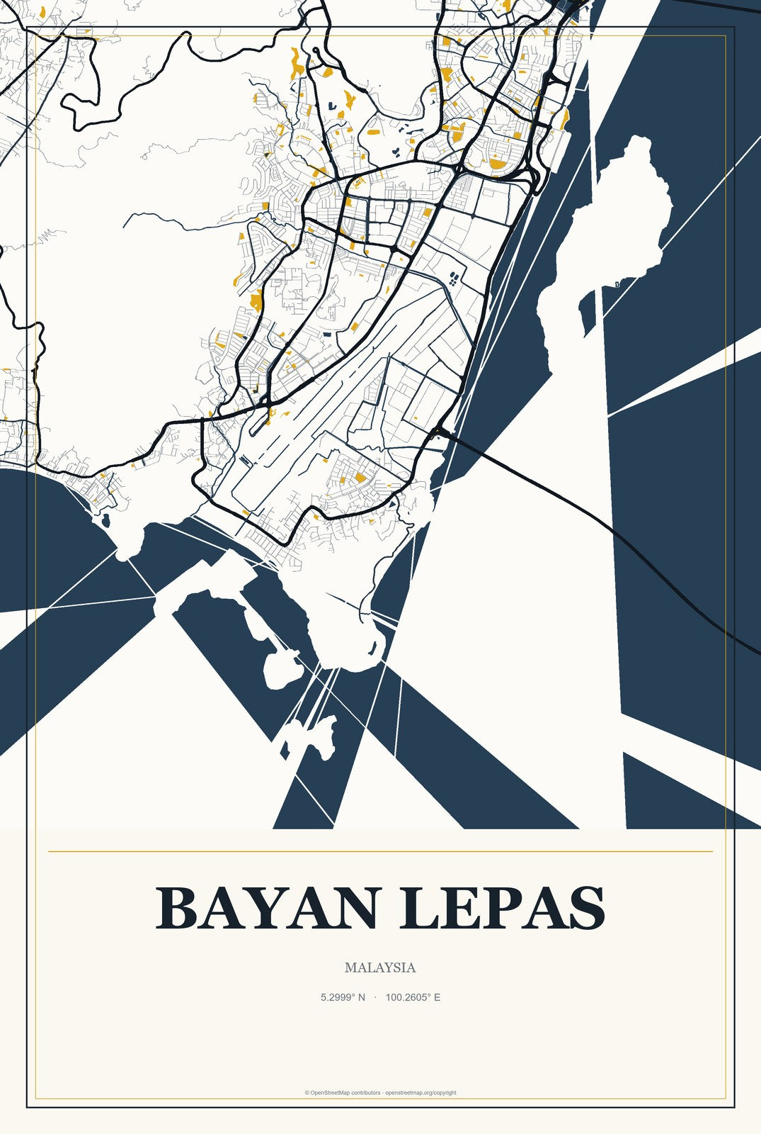 Bayan Lepas, Malaysia City Map Aluminum Sign in Citrine Modern style