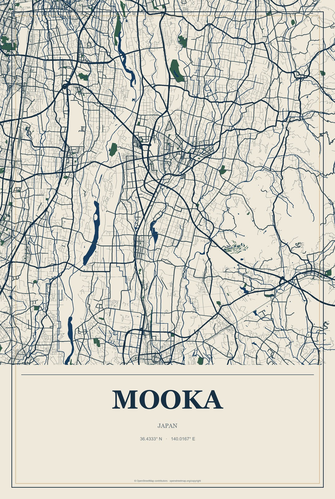 Mooka, Japan City Map Aluminum Sign in Coastal Cutout style