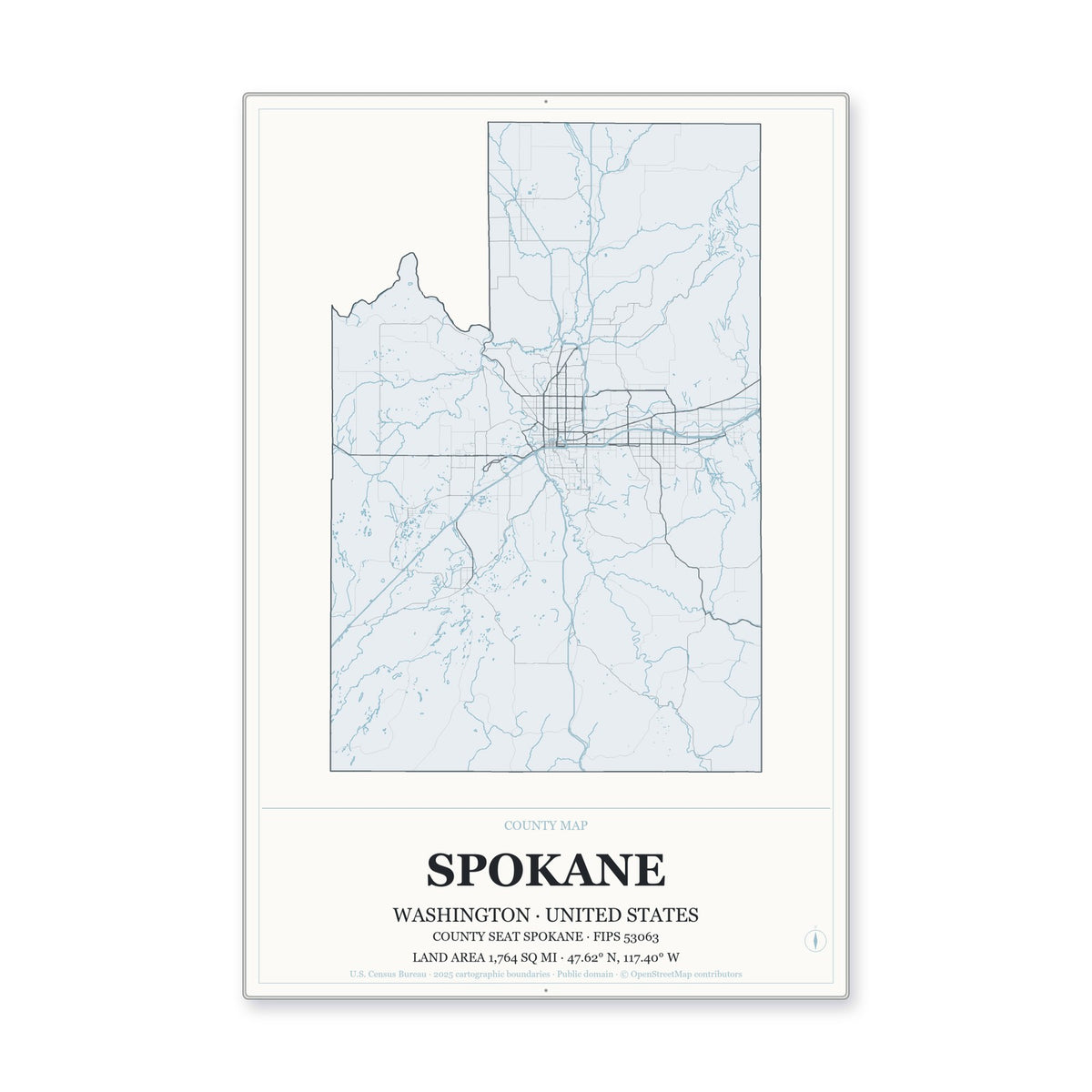 Spokane County, Washington Map Aluminum Sign in Gallery Air style