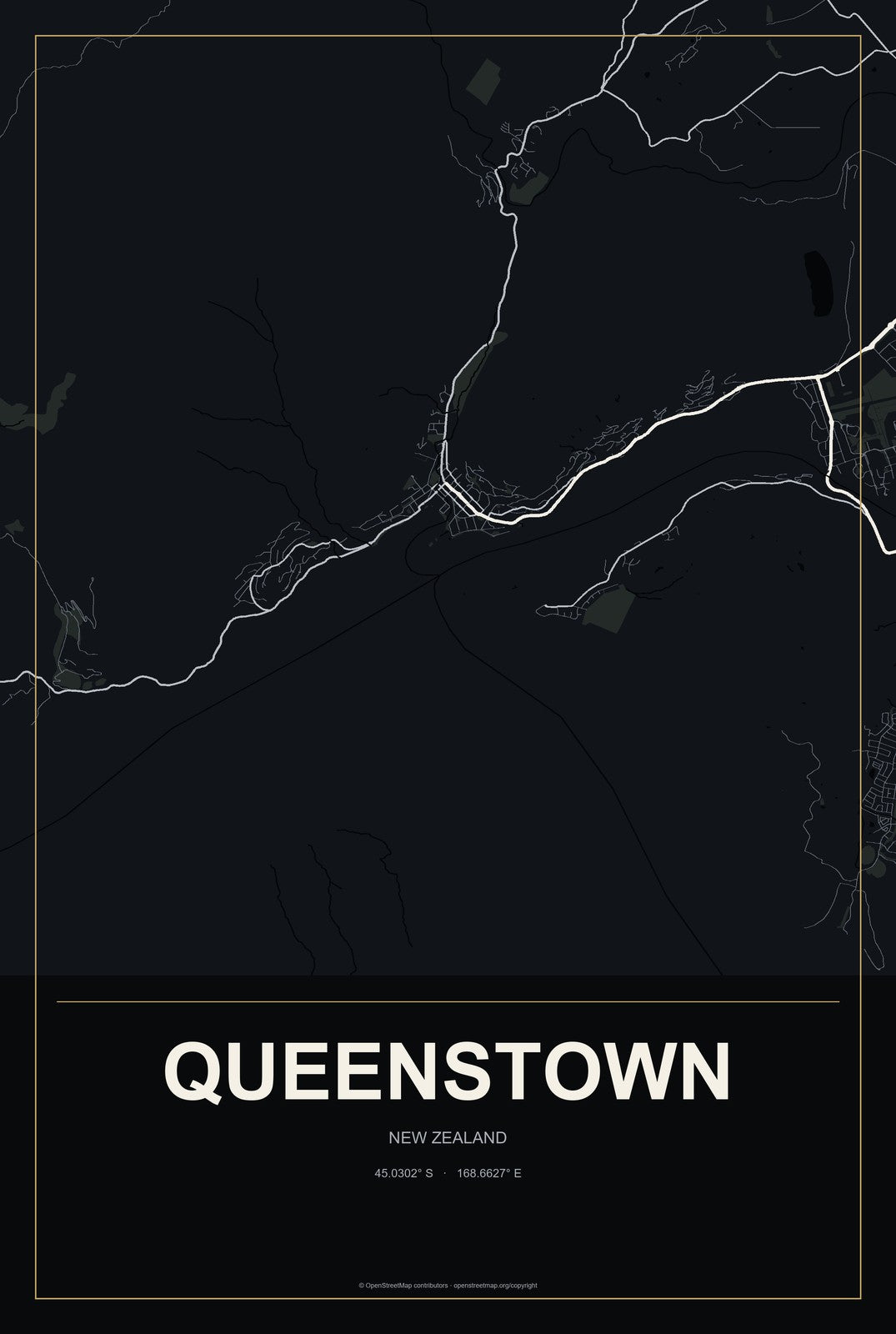 Queenstown, New Zealand City Map Aluminum Sign in Metropolitan Noir style