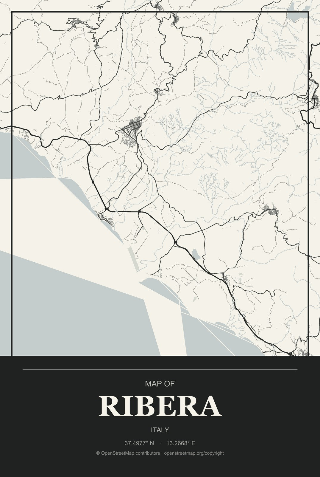 Ribera, Italy City Map Aluminum Sign in Museum Plaque style