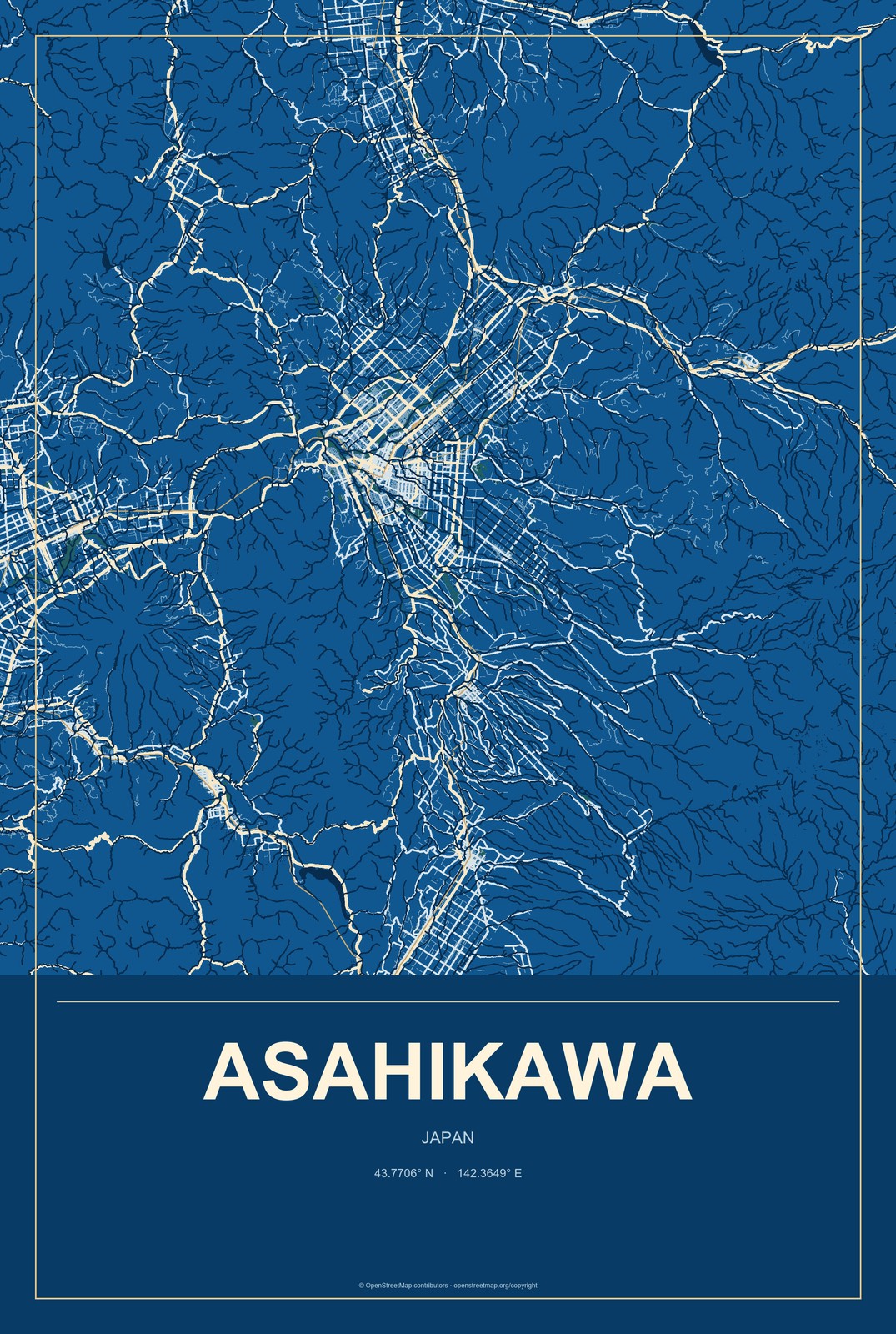 Asahikawa, Japan City Map Aluminum Sign in Harbor Cobalt style