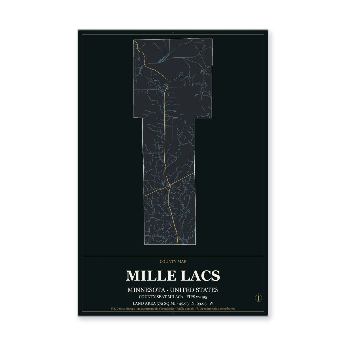 Mille Lacs County, Minnesota Map Aluminum Sign in Metropolitan Noir style