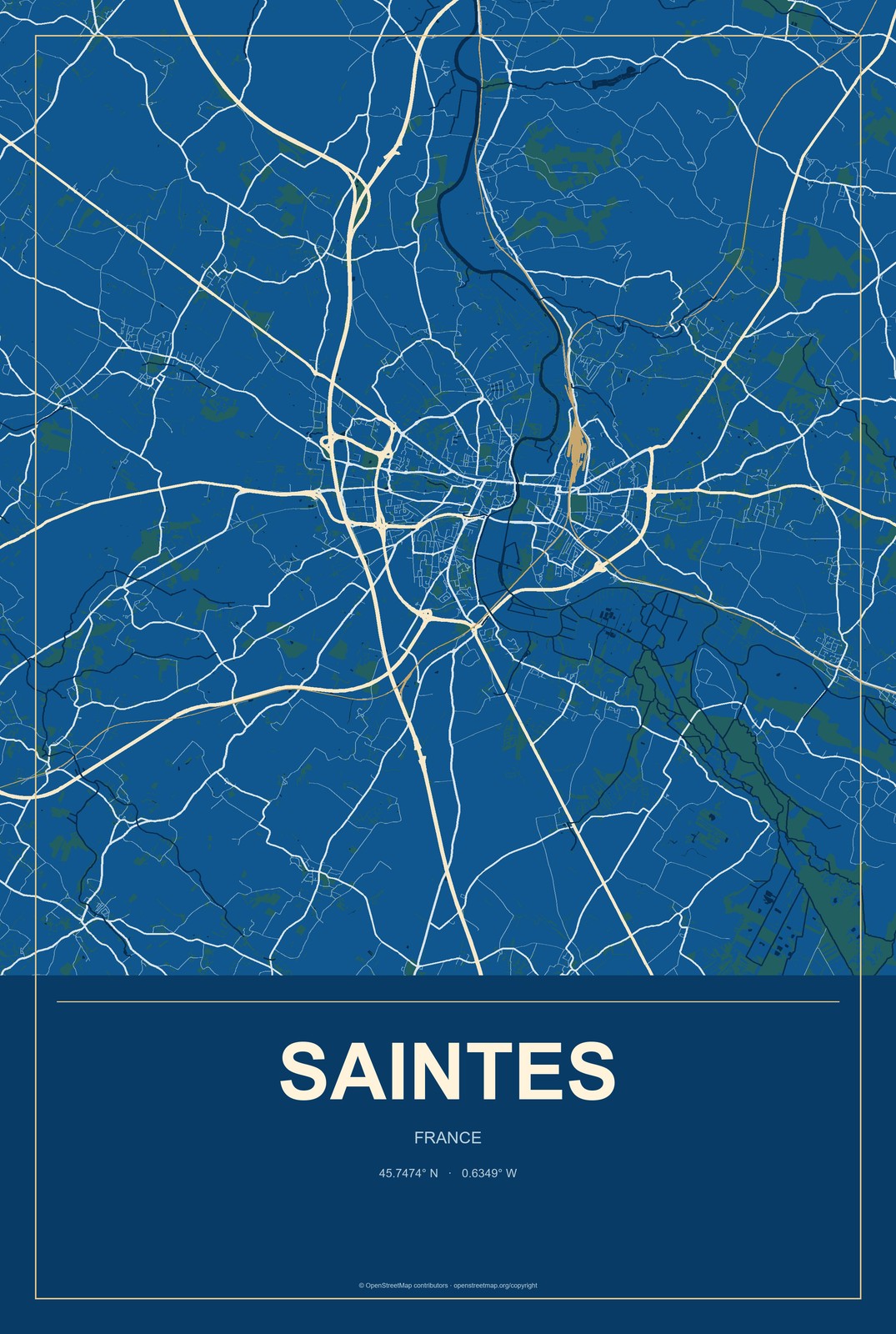 Saintes, France City Map Aluminum Sign in Harbor Cobalt style