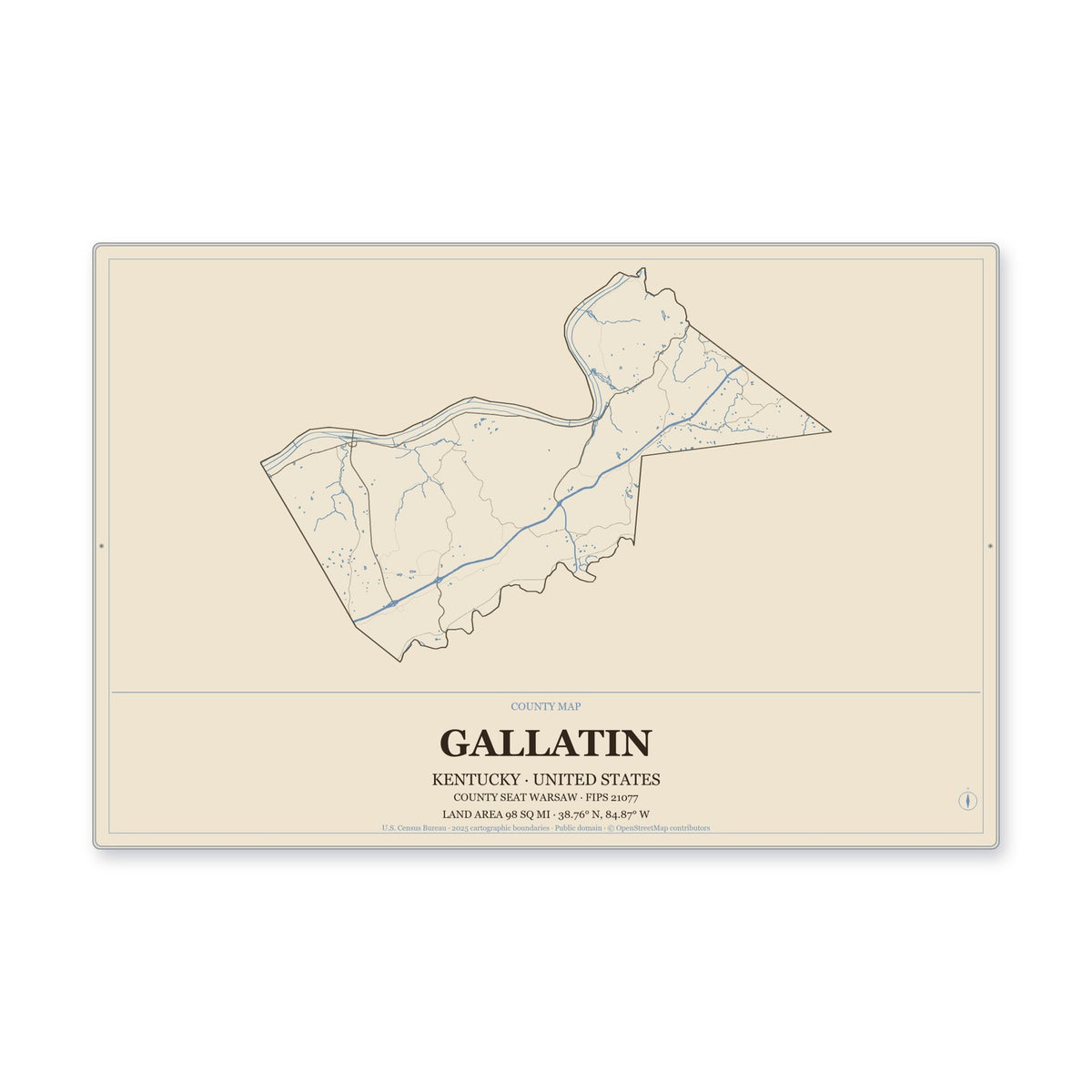 Gallatin County, Kentucky Map Aluminum Sign in Heritage Nautical style