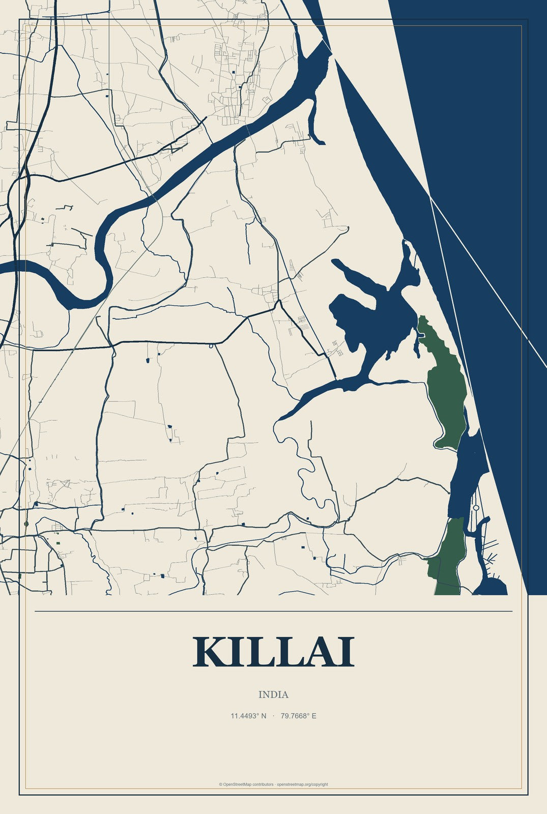 Killai, India City Map Aluminum Sign in Coastal Cutout style