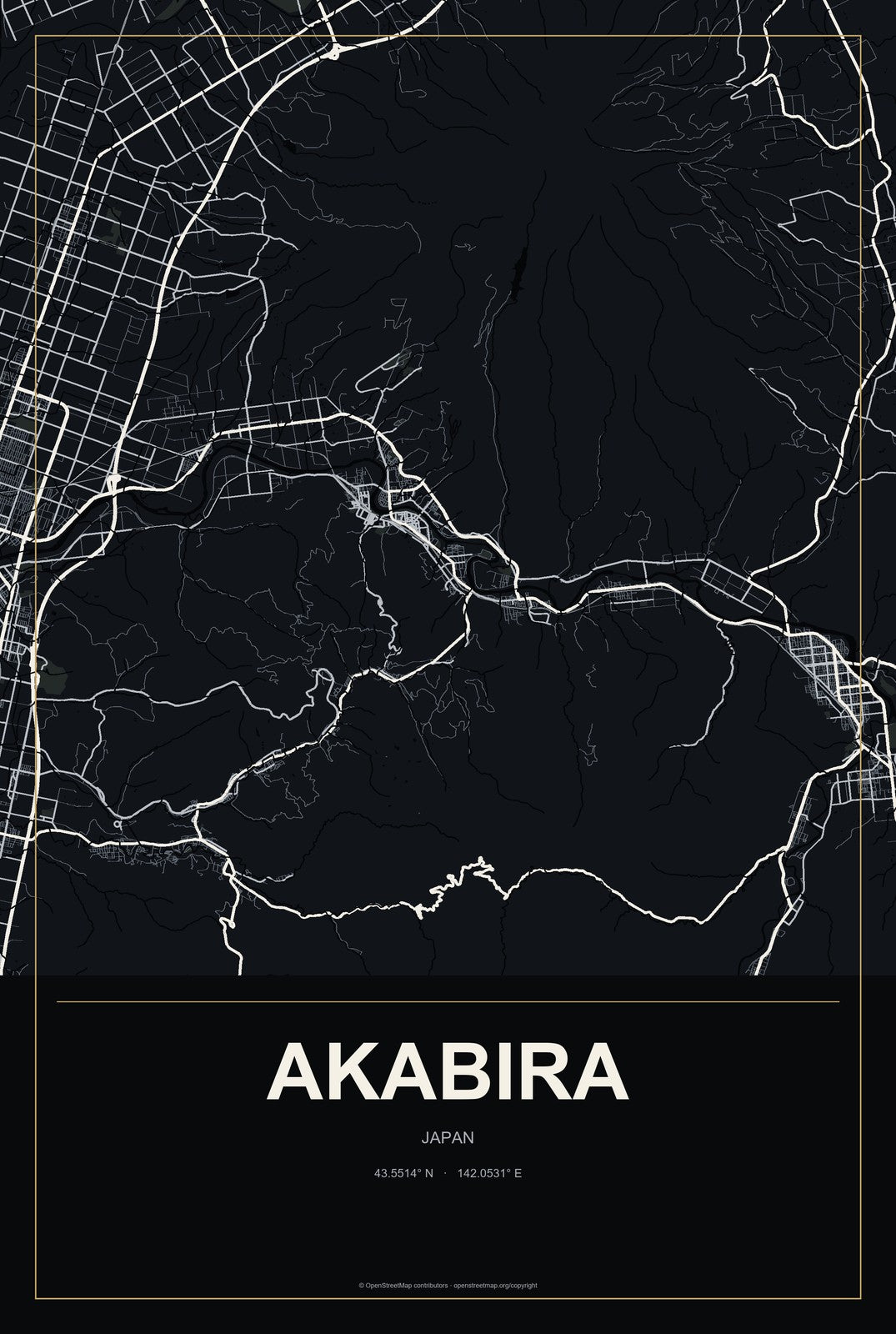 Akabira, Japan City Map Aluminum Sign in Metropolitan Noir style