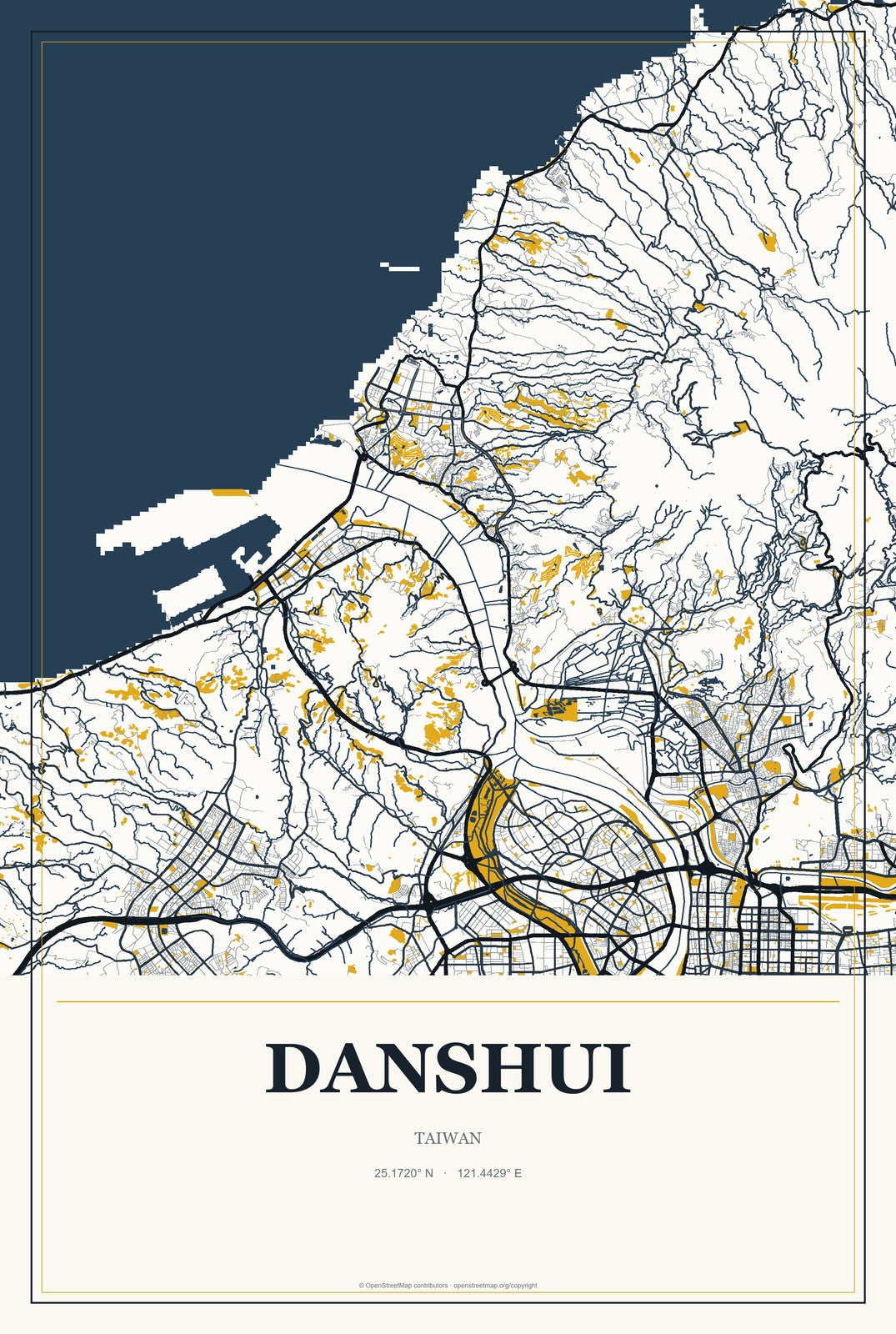 Danshui, Taiwan City Map Aluminum Sign in Citrine Modern style
