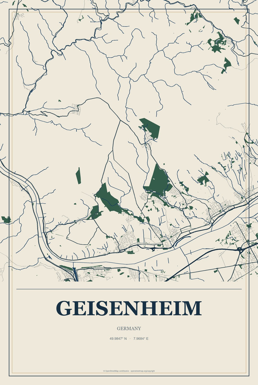 Geisenheim, Germany City Map Aluminum Sign in Coastal Cutout style