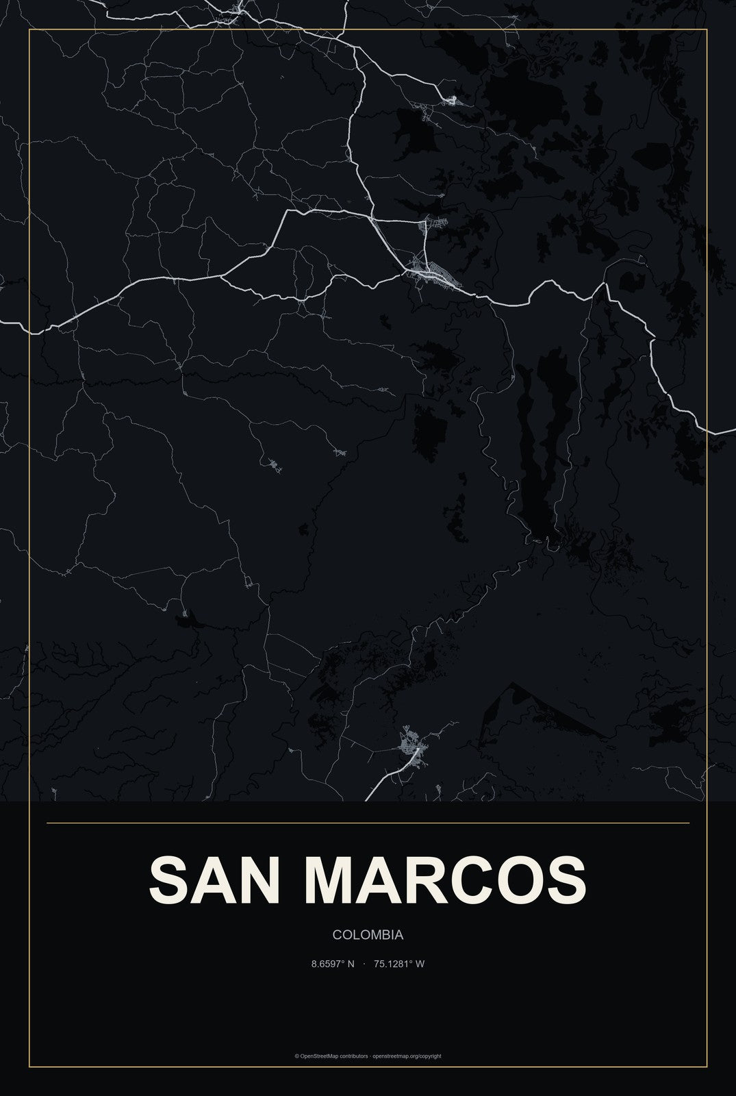 San Marcos, Colombia City Map Aluminum Sign in Metropolitan Noir style