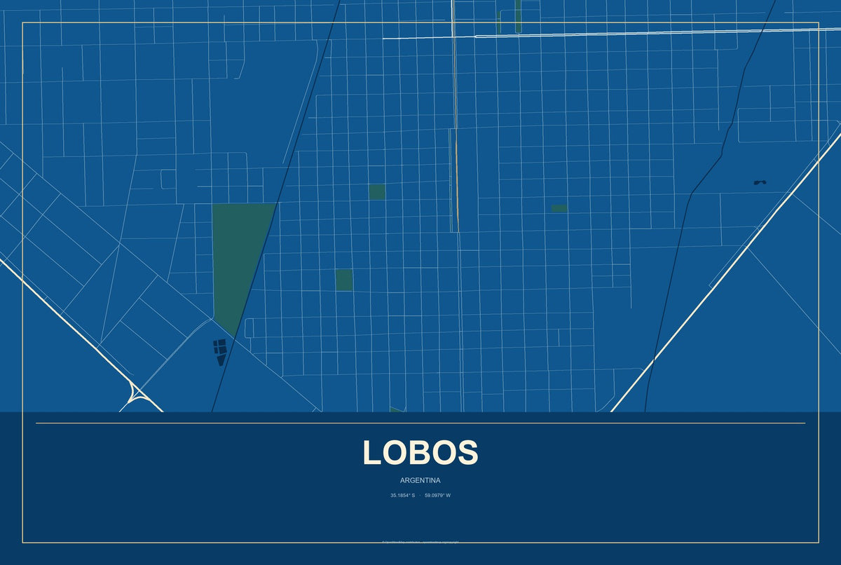 Lobos, Argentina City Map Aluminum Sign in Harbor Cobalt style