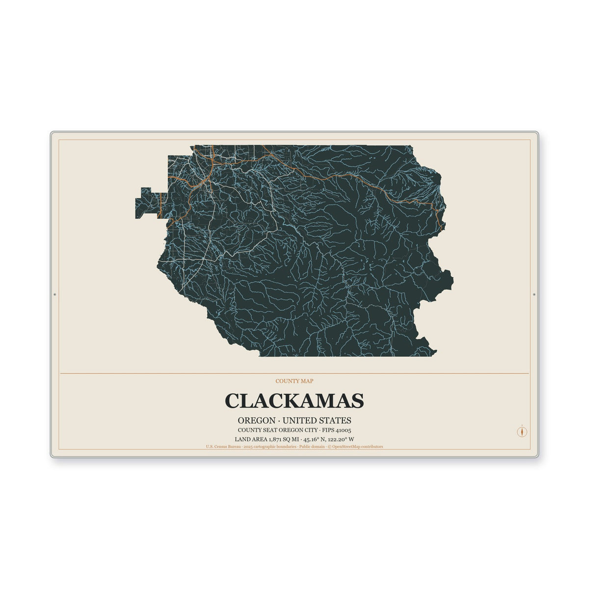 Clackamas County, Oregon Map Aluminum Sign in Headline Atlas style