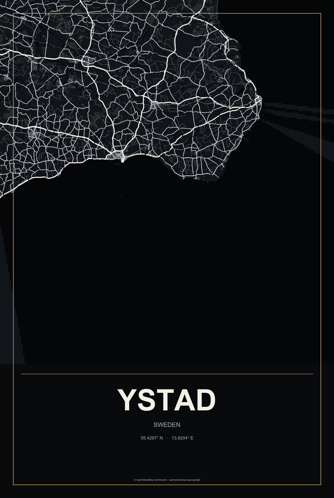 Ystad, Sweden City Map Aluminum Sign in Metropolitan Noir style