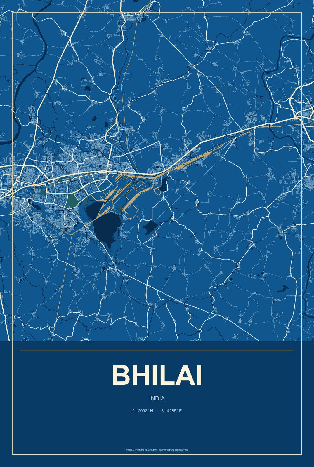 Bhilai, India City Map Aluminum Sign in Harbor Cobalt style