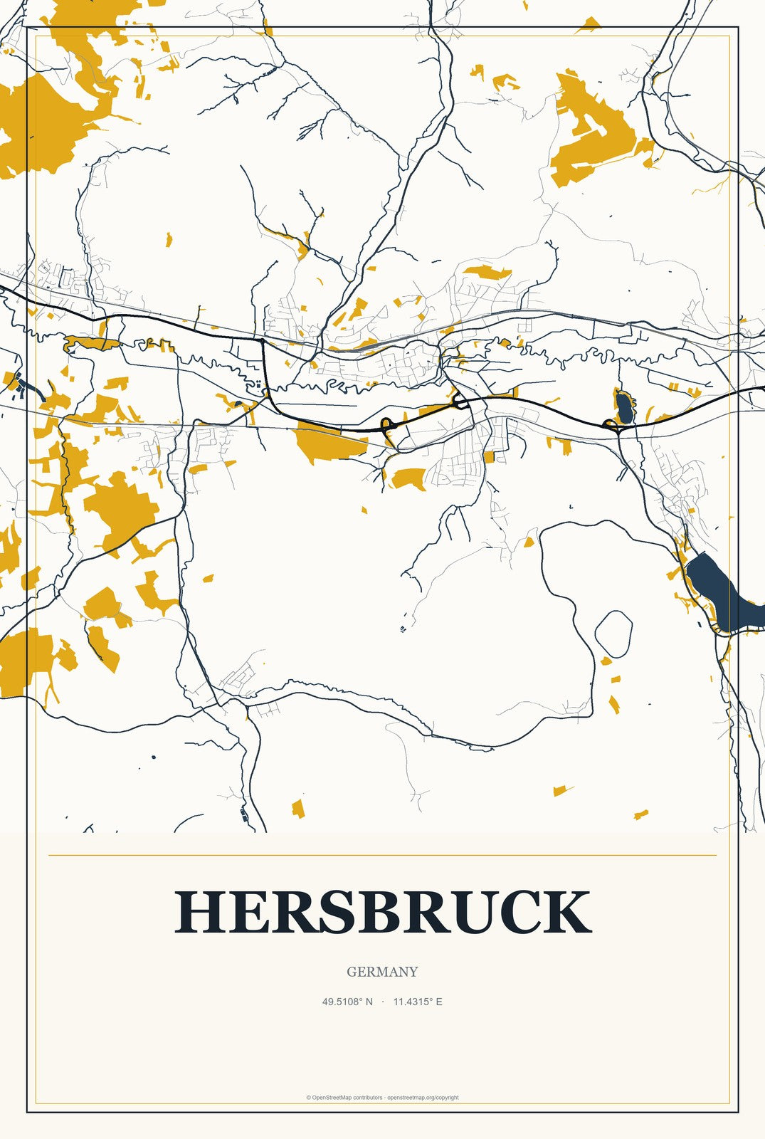 Hersbruck, Germany City Map Aluminum Sign in Citrine Modern style
