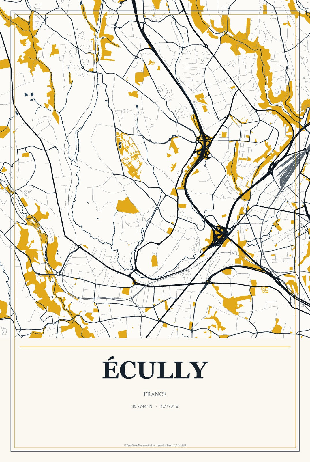 Écully, France City Map Aluminum Sign in Citrine Modern style
