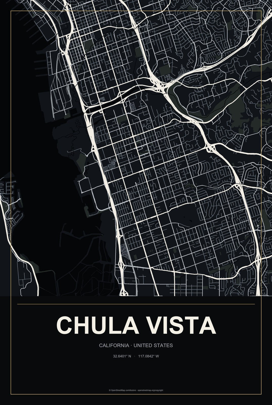 Chula Vista, California City Map Aluminum Sign in Metropolitan Noir style