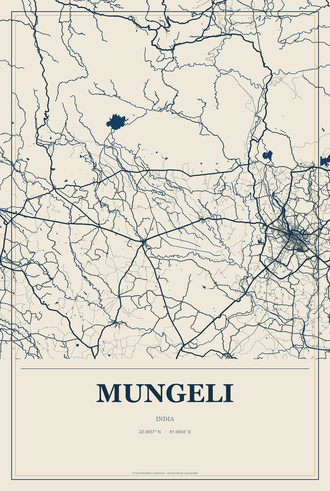 Mungeli, India City Map Aluminum Sign in Coastal Cutout style